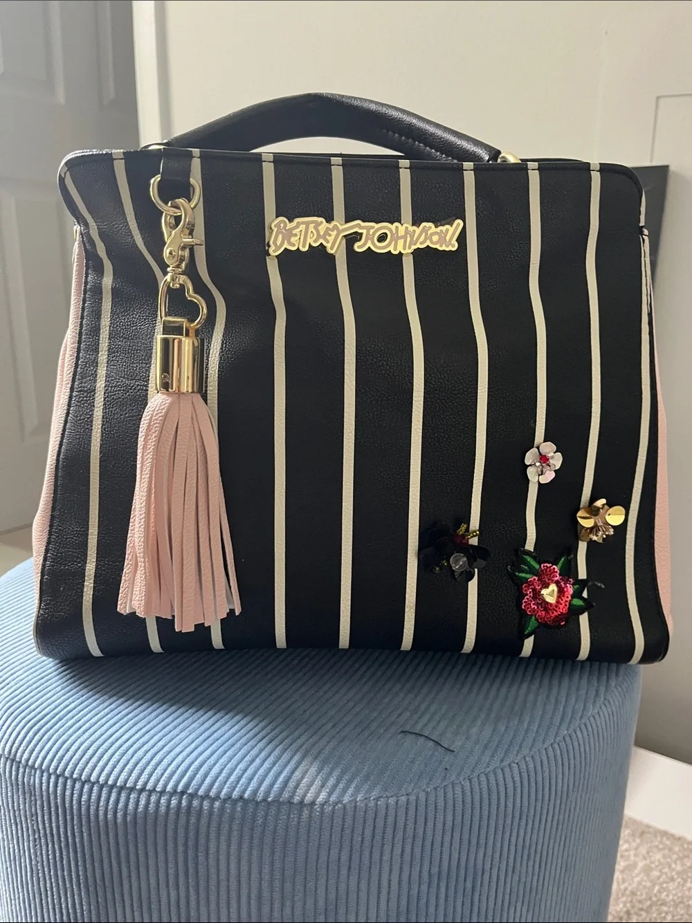 Betsey Johnson Black & White Striped Satchel with Pink Tassel and Floral Accents